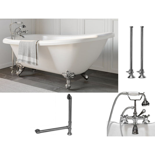 Cambridge Plumbing 61" White Acrylic Single Slipper Clawfeet Bathtub With Deck Holes And Complete Plumbing Package Including 2” Riser Deck Mount Faucet, Supply Lines, Drain And Overflow Assembly In Polished Chrome