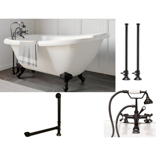 Cambridge Plumbing 61" White Acrylic Single Slipper Clawfeet Bathtub With Deck Holes And Complete Plumbing Package Including 2” Riser Deck Mount Faucet, Supply Lines, Drain And Overflow Assembly In Oil Rubbed Bronze