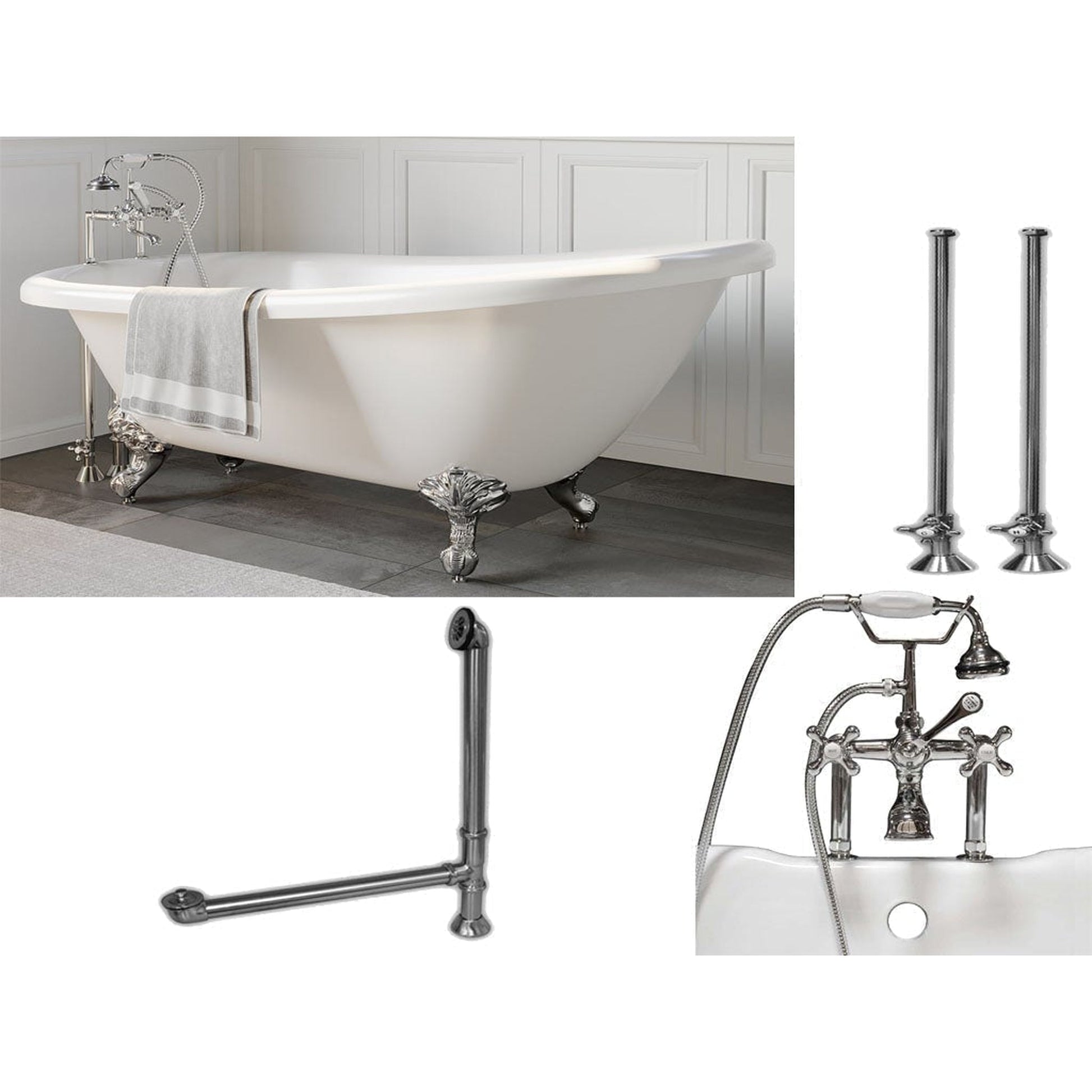 Cambridge Plumbing 61" White Acrylic Single Slipper Clawfeet Bathtub With Deck Holes And Complete Plumbing Package Including 6” Riser Deck Mount Faucet, Supply Lines, Drain And Overflow Assembly In Polished Chrome