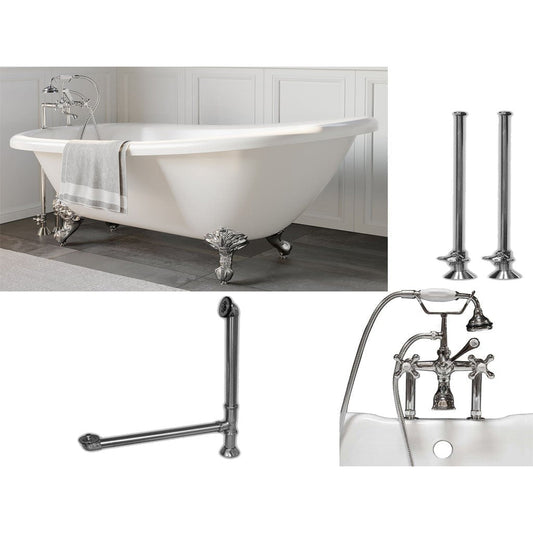 Cambridge Plumbing 61" White Acrylic Single Slipper Clawfeet Bathtub With Deck Holes And Complete Plumbing Package Including 6” Riser Deck Mount Faucet, Supply Lines, Drain And Overflow Assembly In Polished Chrome