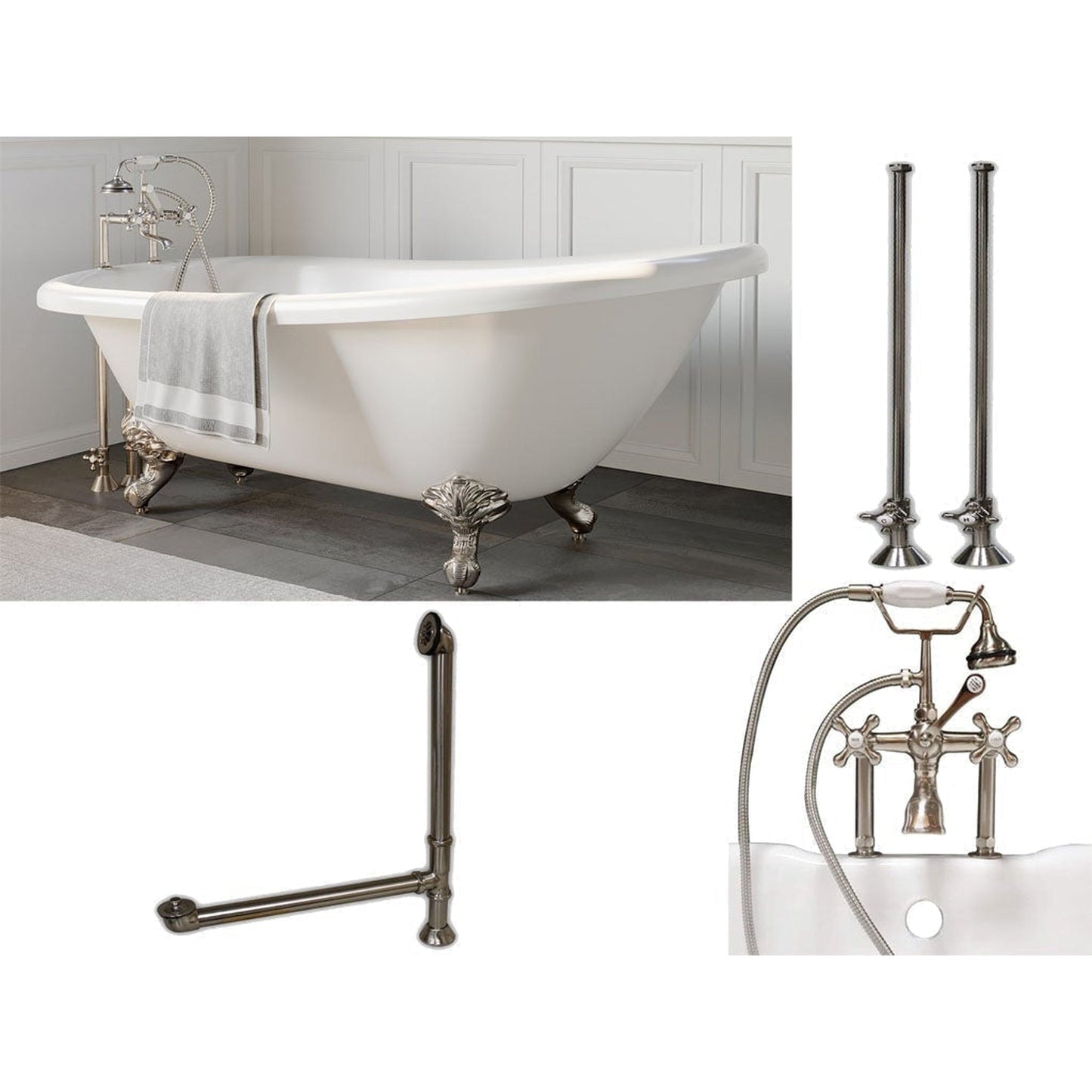 Cambridge Plumbing 61" White Acrylic Single Slipper Clawfeet Bathtub With Deck Holes And Complete Plumbing Package Including 6” Riser Deck Mount Faucet, Supply Lines, Drain And Overflow Assembly In Brushed Nickel