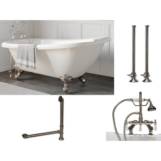Cambridge Plumbing 61" White Acrylic Single Slipper Clawfeet Bathtub With Deck Holes And Complete Plumbing Package Including Porcelain Lever English Telephone Brass Faucet, Supply Lines, Drain And Overflow Assembly In Polished Chrome