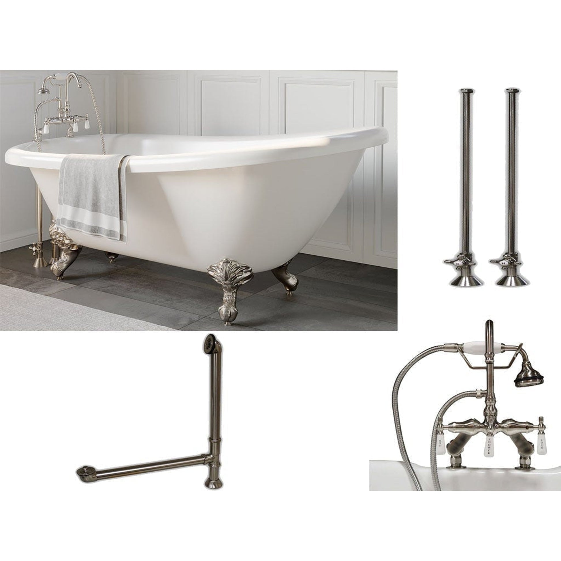 Cambridge Plumbing 61" White Acrylic Single Slipper Clawfeet Bathtub With Deck Holes And Complete Plumbing Package Including Porcelain Lever English Telephone Brass Faucet, Supply Lines, Drain And Overflow Assembly In Brushed Nickel