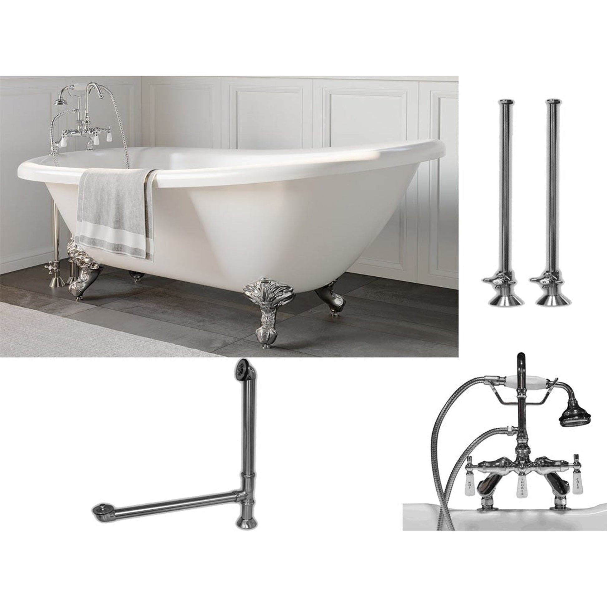 Cambridge Plumbing 61" White Acrylic Single Slipper Clawfeet Bathtub With Deck Holes And Complete Plumbing Package Including Porcelain Lever English Telephone Brass Faucet, Supply Lines, Drain And Overflow Assembly In Polished Chrome