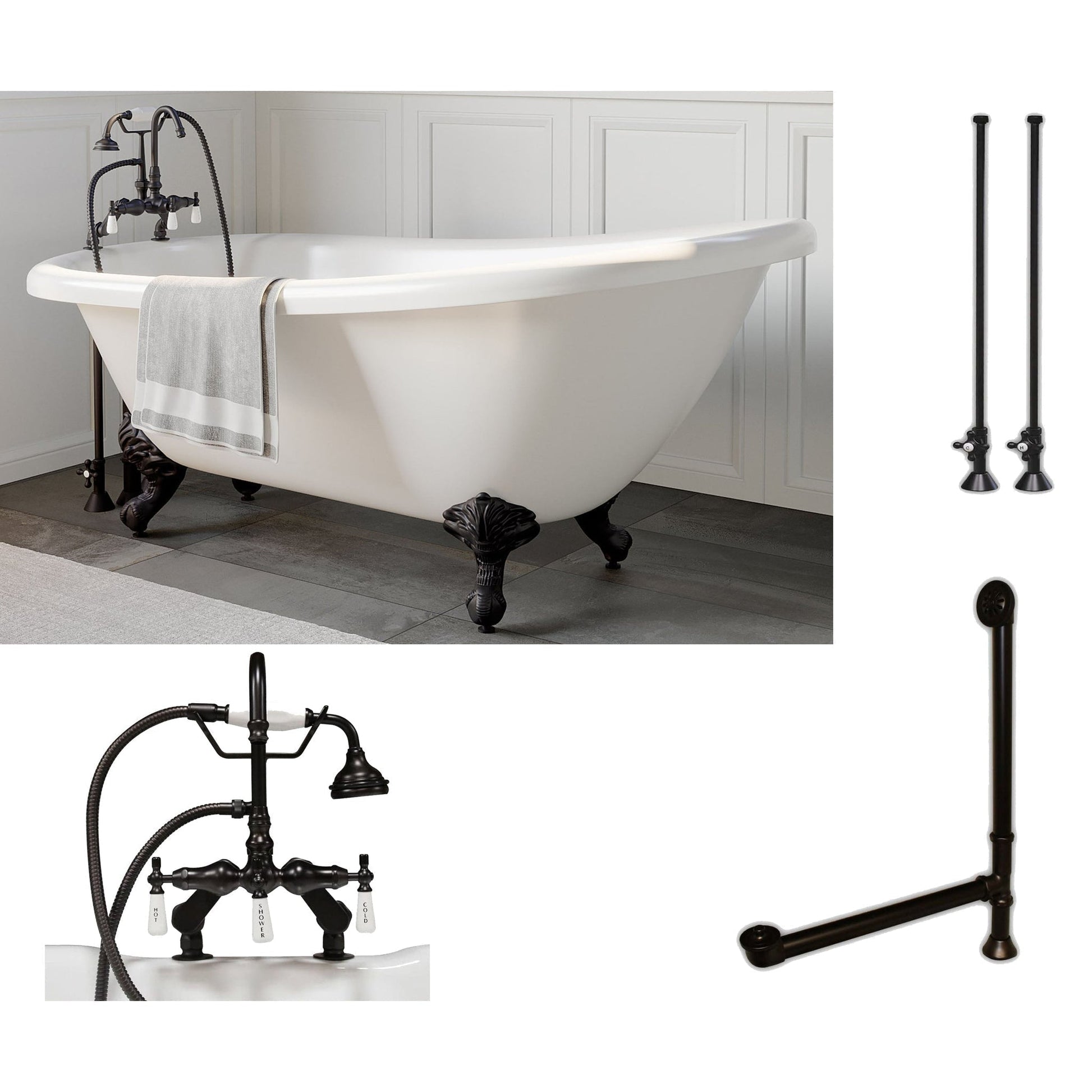 Cambridge Plumbing 61" White Acrylic Single Slipper Clawfeet Bathtub With Deck Holes And Complete Plumbing Package Including Porcelain Lever English Telephone Brass Faucet, Supply Lines, Drain And Overflow Assembly In Oil Rubbed Bronze