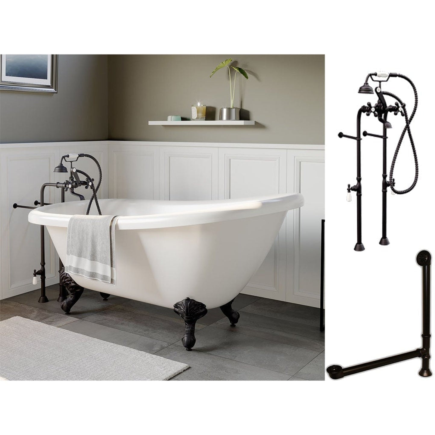 Cambridge Plumbing 61" White Acrylic Single Slipper Clawfeet Bathtub With No Deck Holes And Complete Plumbing Package Including Floor Mounted British Telephone Faucet, Supply Lines, Drain And Overflow Assembly In Polished Chrome