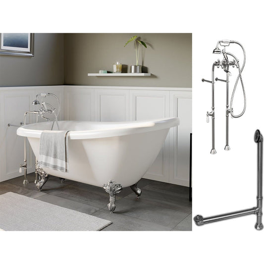 Cambridge Plumbing 61" White Acrylic Single Slipper Clawfeet Bathtub With No Deck Holes And Complete Plumbing Package Including Floor Mounted British Telephone Faucet, Supply Lines, Drain And Overflow Assembly In Brushed Nickel
