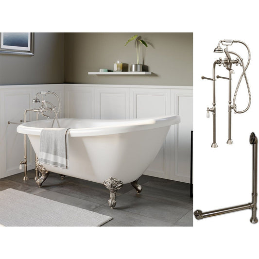 Cambridge Plumbing 61" White Acrylic Single Slipper Clawfeet Bathtub With No Deck Holes And Complete Plumbing Package Including Floor Mounted British Telephone Faucet, Supply Lines, Drain And Overflow Assembly In Brushed Nickel