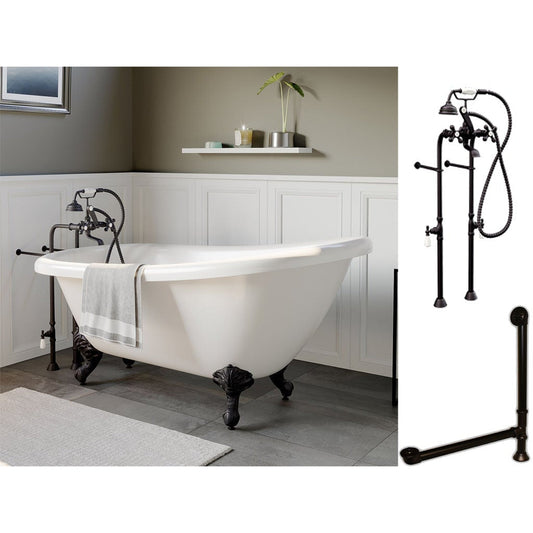 Cambridge Plumbing 61" White Acrylic Single Slipper Clawfeet Bathtub With No Deck Holes And Complete Plumbing Package Including Floor Mounted British Telephone Faucet, Supply Lines, Drain And Overflow Assembly In Oil Rubbed Bronze