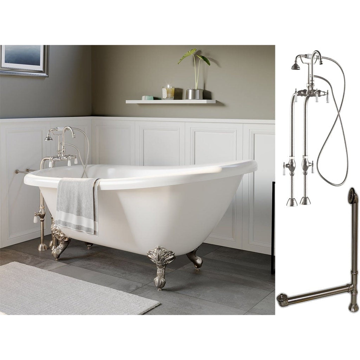 Cambridge Plumbing 61" White Acrylic Single Slipper Clawfeet Bathtub With No Deck Holes And Complete Plumbing Package Including Freestanding English Telephone Gooseneck Faucet, Supply Lines, Drain And Overflow Assembly In Brushed Nickel