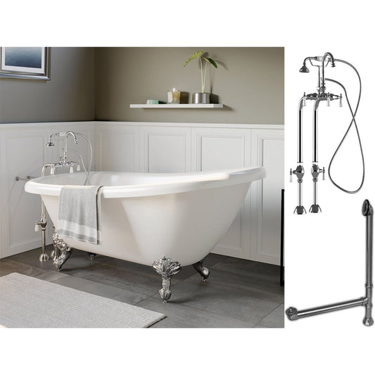 Cambridge Plumbing 61" White Acrylic Single Slipper Clawfeet Bathtub With No Deck Holes And Complete Plumbing Package Including Freestanding English Telephone Gooseneck Faucet, Supply Lines, Drain And Overflow Assembly In Polished Chrome