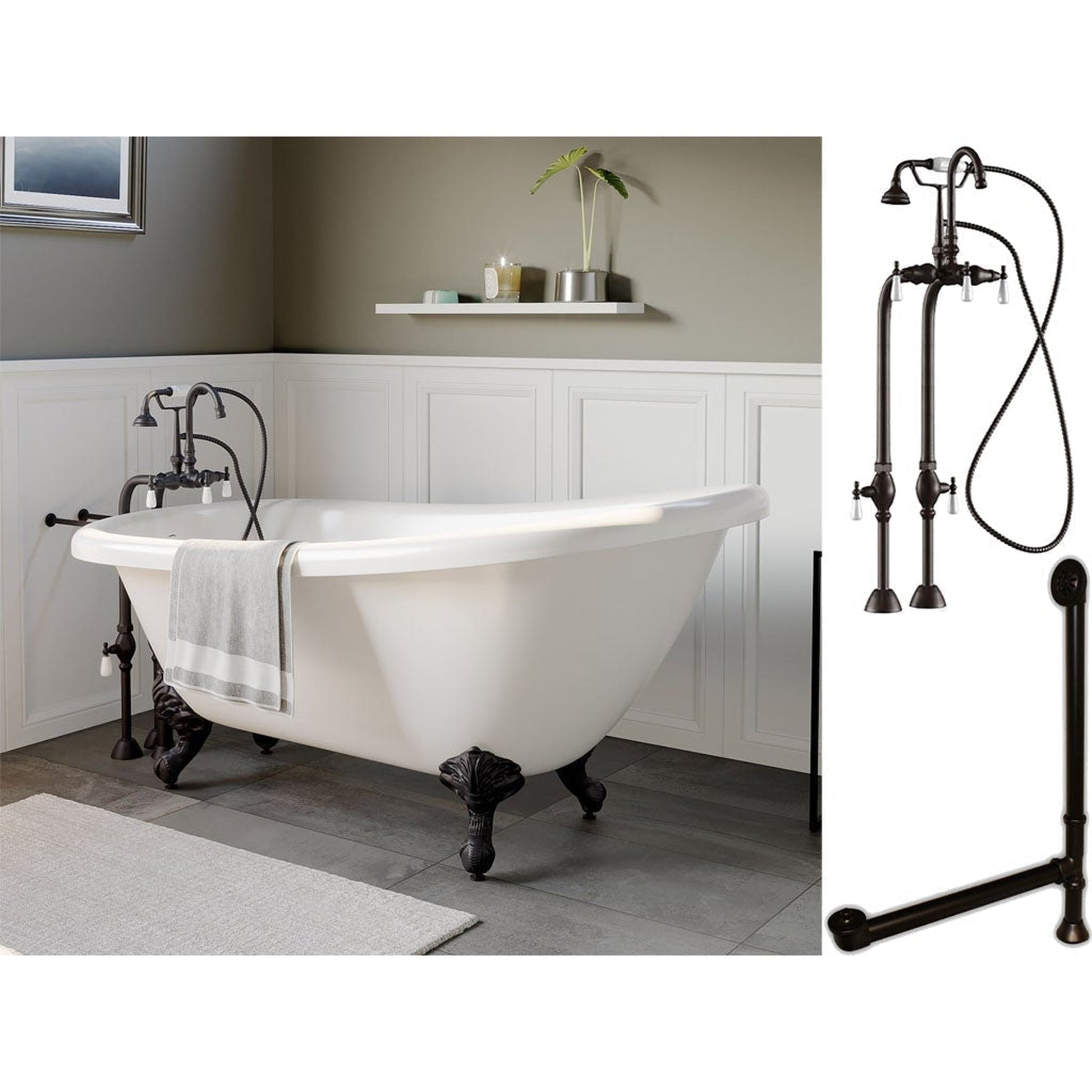 Cambridge Plumbing 61" White Acrylic Single Slipper Clawfeet Bathtub With No Deck Holes And Complete Plumbing Package Including Freestanding English Telephone Gooseneck Faucet, Supply Lines, Drain And Overflow Assembly In Oil Rubbed Bronze