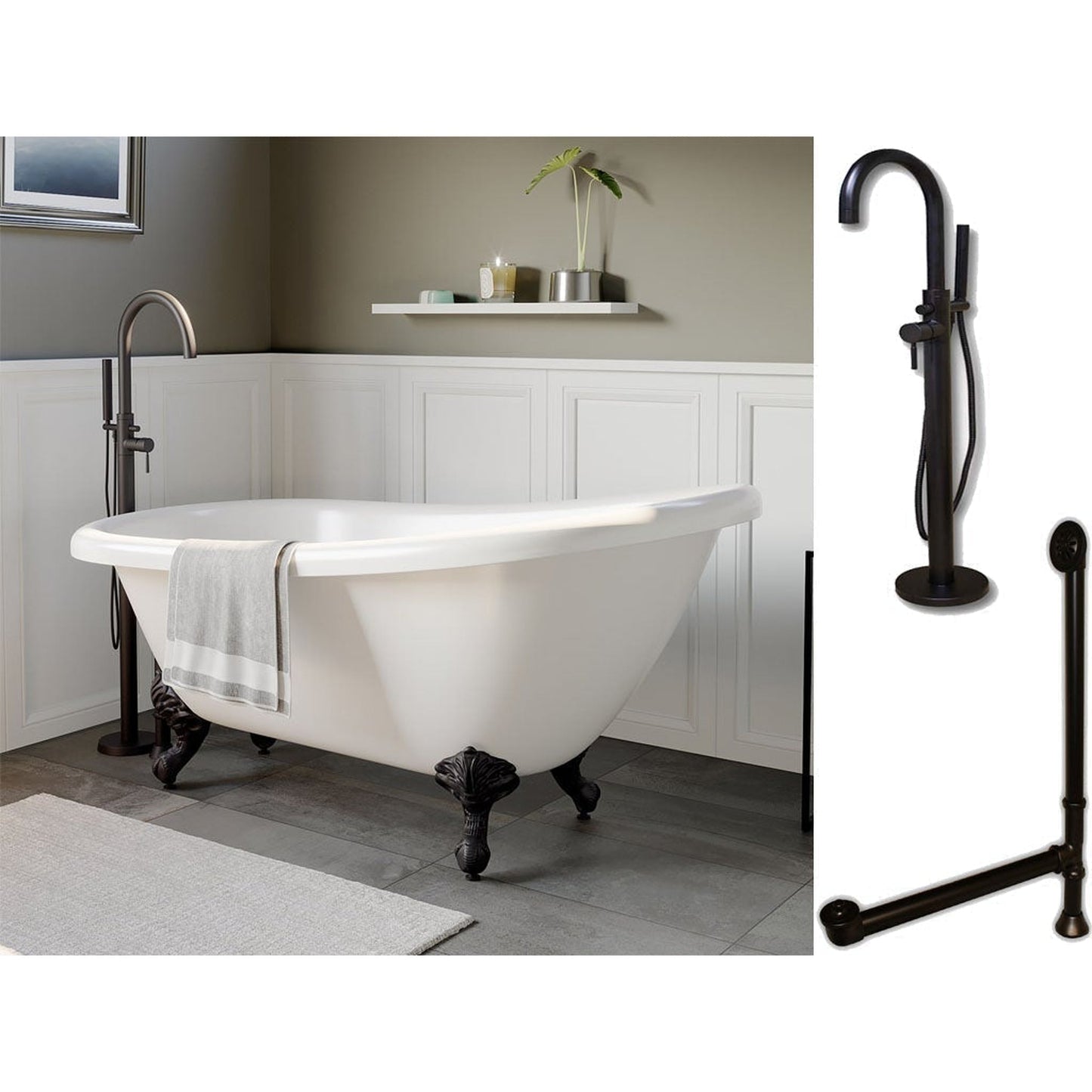 Cambridge Plumbing 61" White Acrylic Single Slipper Clawfeet Bathtub With No Deck Holes And Complete Plumbing Package Including Modern Floor Mounted Faucet, Supply Lines, Drain And Overflow Assembly In Oil Rubbed Bronze