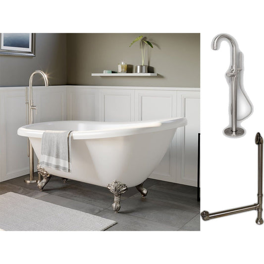 Cambridge Plumbing 61" White Acrylic Single Slipper Clawfeet Bathtub With No Deck Holes And Complete Plumbing Package Including Modern Floor Mounted Faucet, Supply Lines, Drain And Overflow Assembly In Brushed Nickel