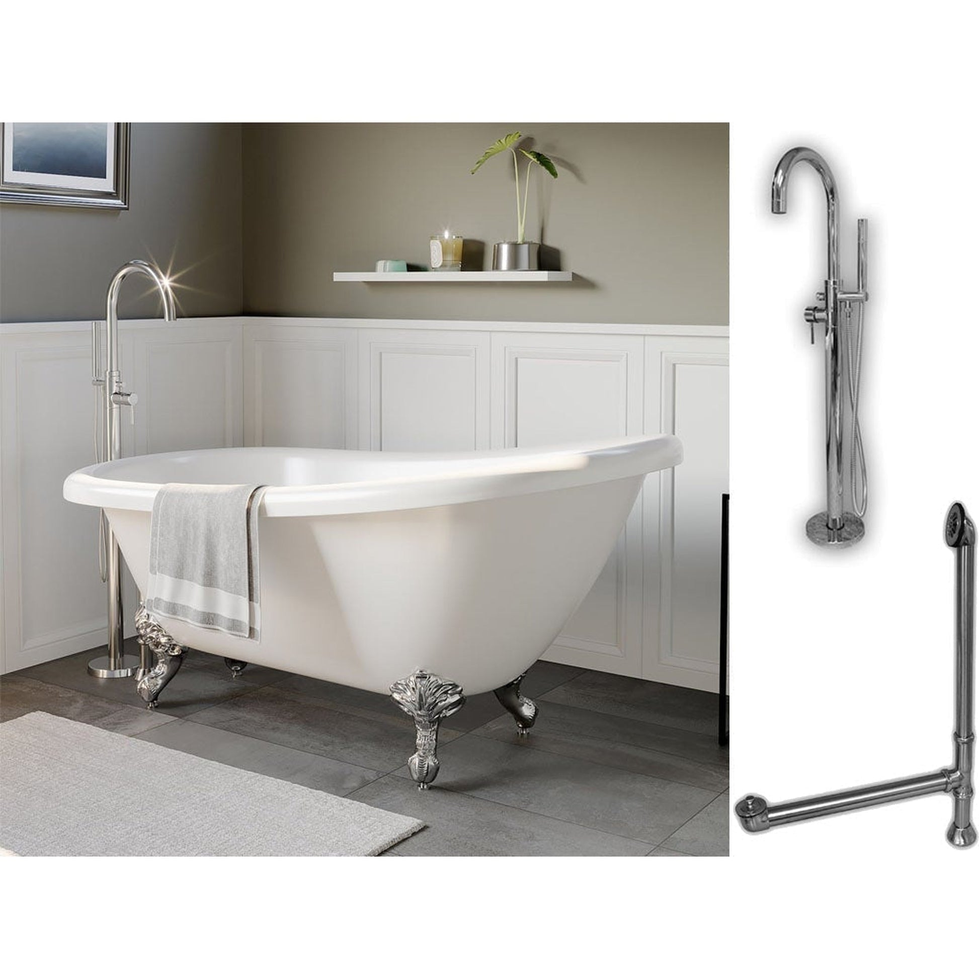 Cambridge Plumbing 61" White Acrylic Single Slipper Clawfeet Bathtub With No Deck Holes And Complete Plumbing Package Including Modern Floor Mounted Faucet, Supply Lines, Drain And Overflow Assembly In Polished Chrome