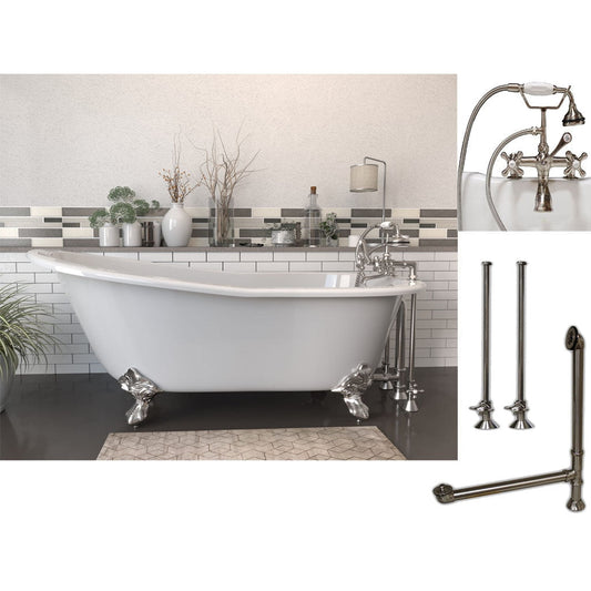 Cambridge Plumbing 61" White Cast Iron Clawfoot Bathtub With Deck Holes And Complete Plumbing Package Including 2” Riser Deck Mount Faucet, Supply Lines, Drain And Overflow Assembly In Brushed Nickel