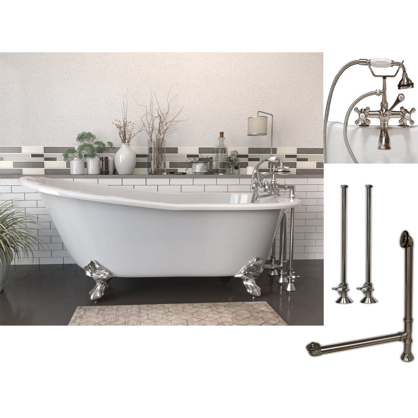 Cambridge Plumbing 61" White Cast Iron Clawfoot Bathtub With Deck Holes And Complete Plumbing Package Including 2” Riser Deck Mount Faucet, Supply Lines, Drain And Overflow Assembly In Brushed Nickel