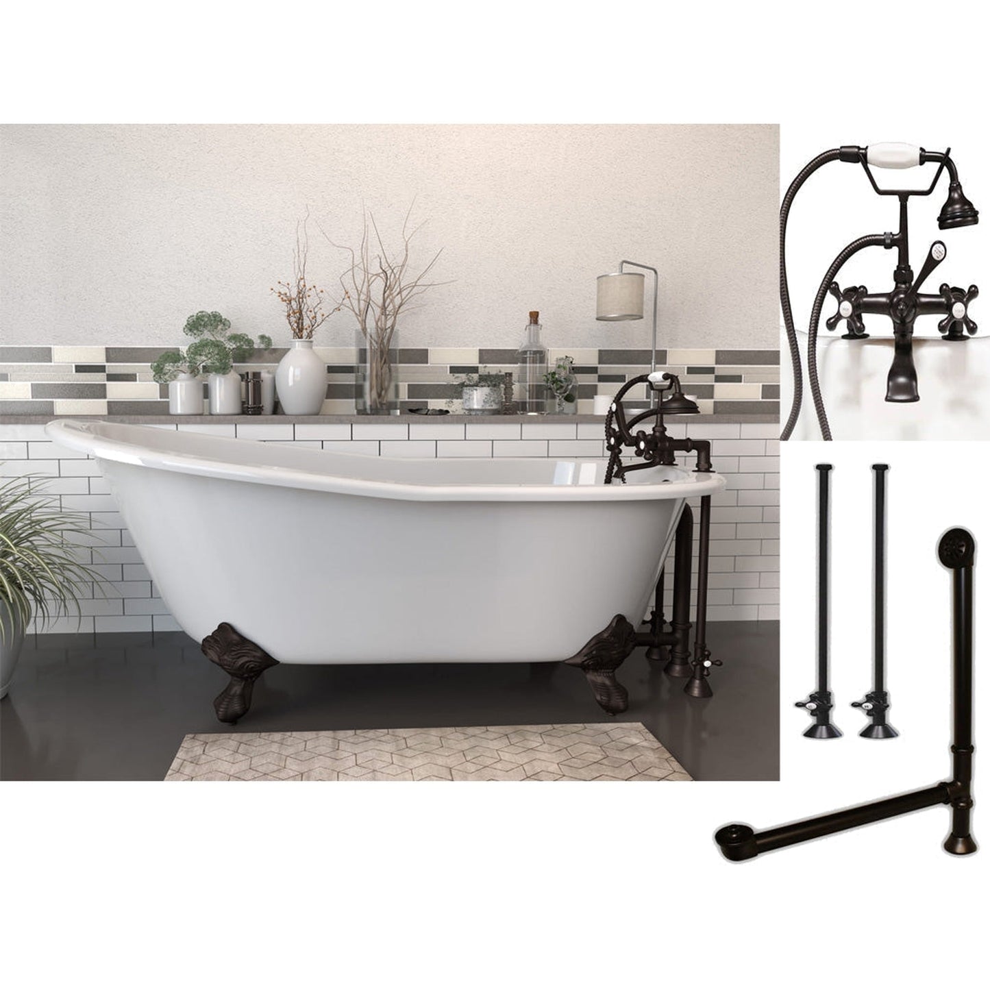 Cambridge Plumbing 61" White Cast Iron Clawfoot Bathtub With Deck Holes And Complete Plumbing Package Including 2” Riser Deck Mount Faucet, Supply Lines, Drain And Overflow Assembly In Oil Rubbed Bronze
