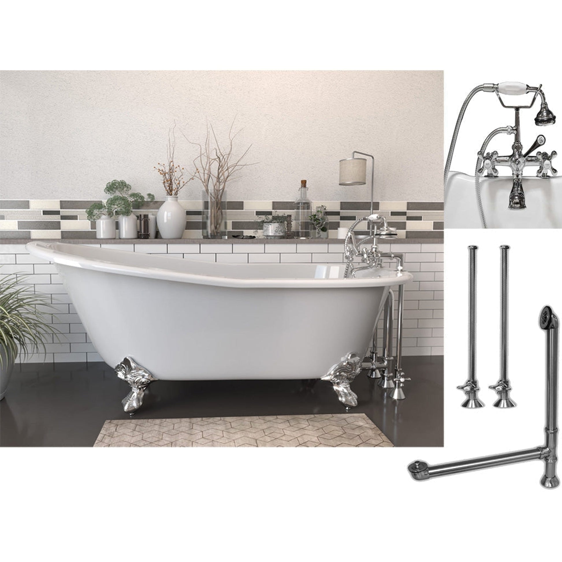 Cambridge Plumbing 61" White Cast Iron Clawfoot Bathtub With Deck Holes And Complete Plumbing Package Including 2” Riser Deck Mount Faucet, Supply Lines, Drain And Overflow Assembly In Polished Chrome