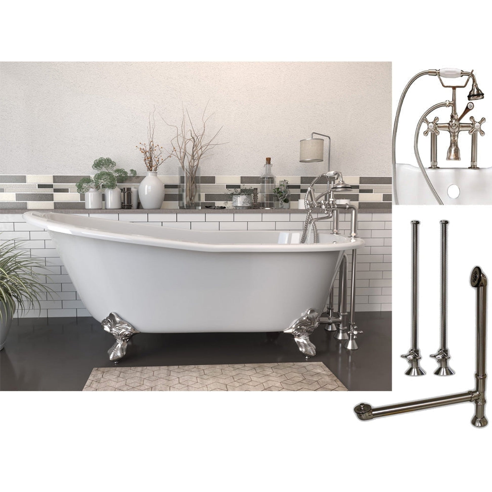 Cambridge Plumbing 61" White Cast Iron Clawfoot Bathtub With Deck Holes And Complete Plumbing Package Including 6” Riser Deck Mount Faucet, Supply Lines, Drain And Overflow Assembly In Brushed Nickel