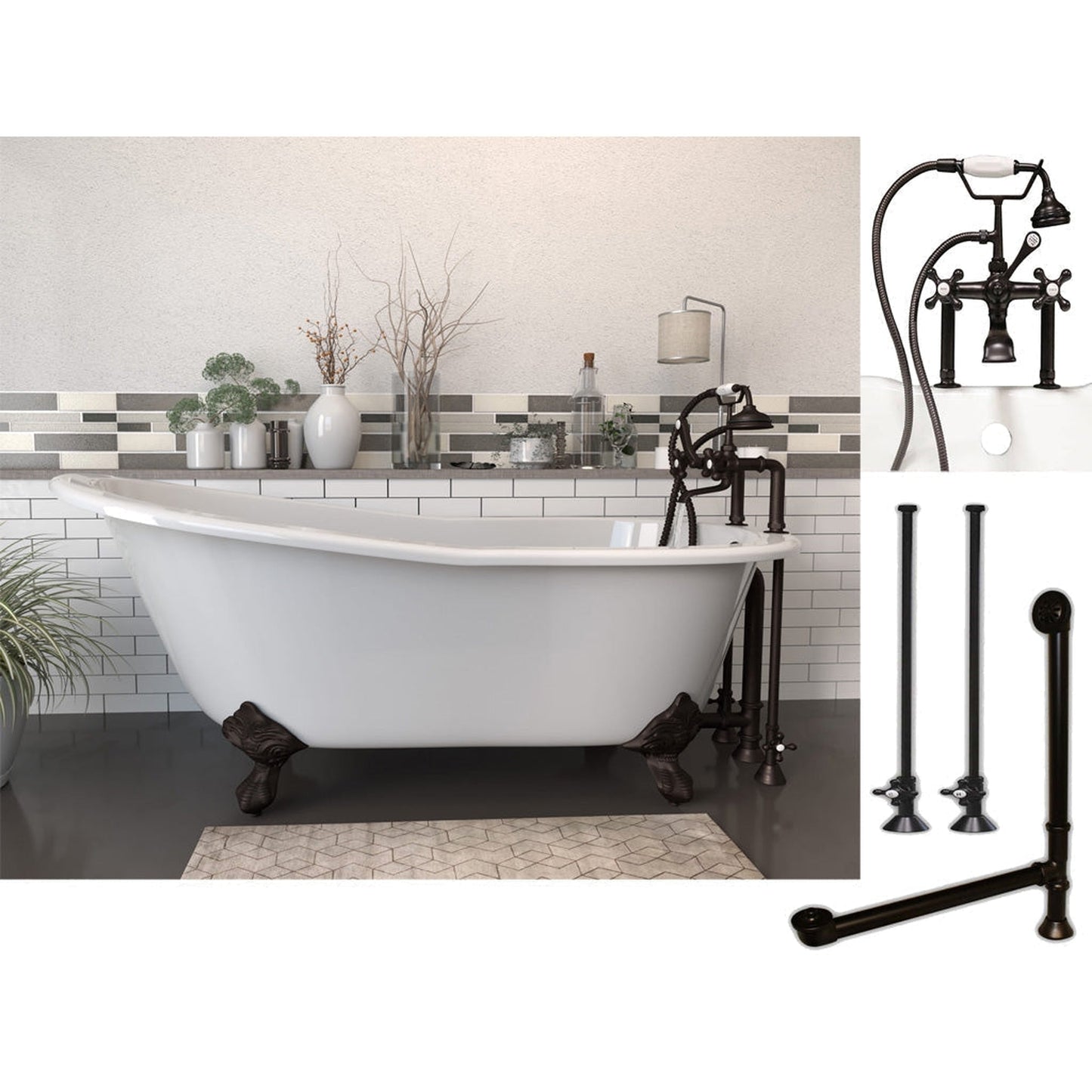 Cambridge Plumbing 61" White Cast Iron Clawfoot Bathtub With Deck Holes And Complete Plumbing Package Including 6” Riser Deck Mount Faucet, Supply Lines, Drain And Overflow Assembly In Oil Rubbed Bronze