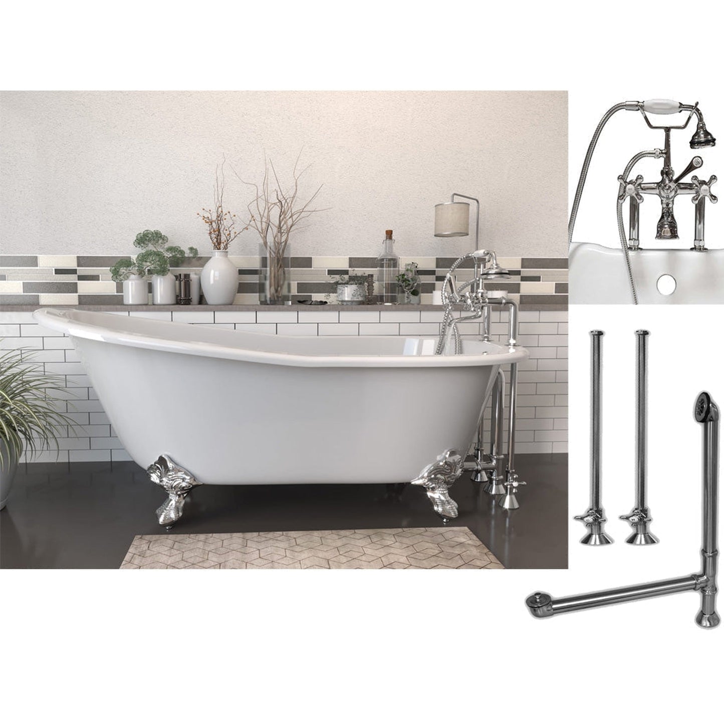 Cambridge Plumbing 61" White Cast Iron Clawfoot Bathtub With Deck Holes And Complete Plumbing Package Including 6” Riser Deck Mount Faucet, Supply Lines, Drain And Overflow Assembly In Polished Chrome