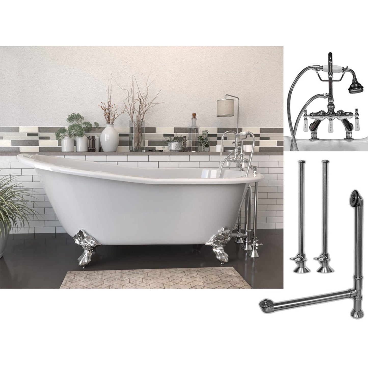 Cambridge Plumbing 61" White Cast Iron Clawfoot Bathtub With Deck Holes And Complete Plumbing Package Including Porcelain Lever English Telephone Brass Faucet, Supply Lines, Drain And Overflow Assembly In Polished Chrome
