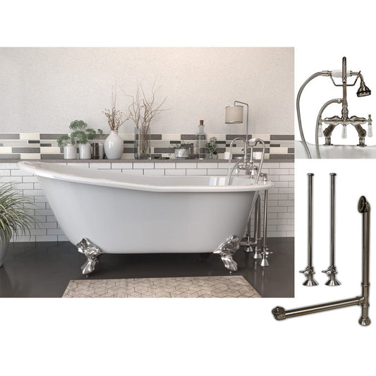 Cambridge Plumbing 61" White Cast Iron Clawfoot Bathtub With Deck Holes And Complete Plumbing Package Including Porcelain Lever English Telephone Brass Faucet, Supply Lines, Drain And Overflow Assembly In Polished Chrome