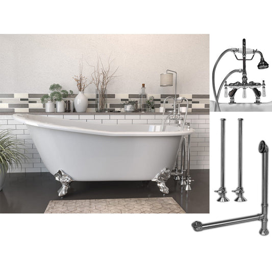 Cambridge Plumbing 61" White Cast Iron Clawfoot Bathtub With Deck Holes And Complete Plumbing Package Including Porcelain Lever English Telephone Brass Faucet, Supply Lines, Drain And Overflow Assembly In Polished Chrome