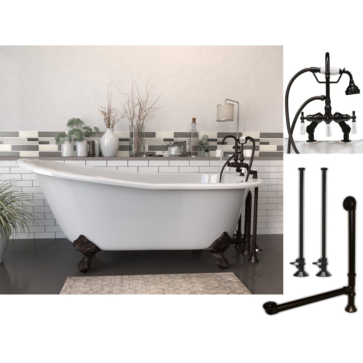 Cambridge Plumbing 61" White Cast Iron Clawfoot Bathtub With Deck Holes And Complete Plumbing Package Including Porcelain Lever English Telephone Brass Faucet, Supply Lines, Drain And Overflow Assembly In Oil Rubbed Bronze
