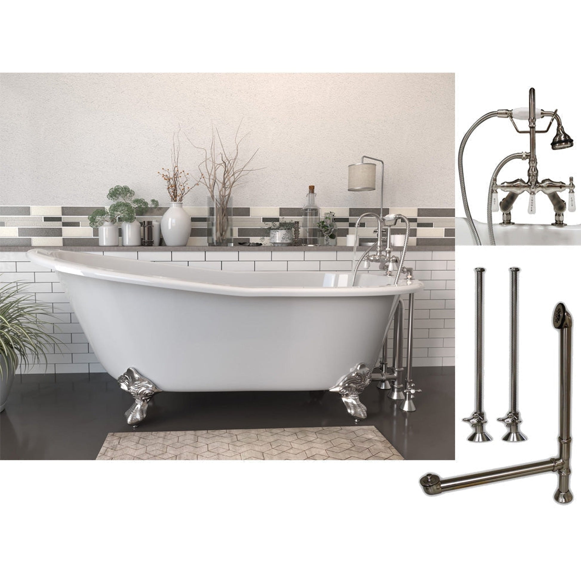 Cambridge Plumbing 61" White Cast Iron Clawfoot Bathtub With Deck Holes And Complete Plumbing Package Including Porcelain Lever English Telephone Brass Faucet, Supply Lines, Drain And Overflow Assembly In Brushed Nickel