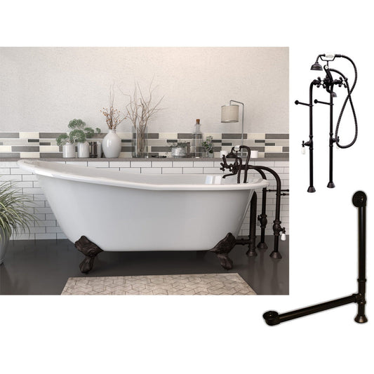 Cambridge Plumbing 61" White Cast Iron Clawfoot Bathtub With No Deck Holes And Complete Plumbing Package Including Floor Mounted British Telephone Faucet, Drain And Overflow Assembly In Oil Rubbed Bronze