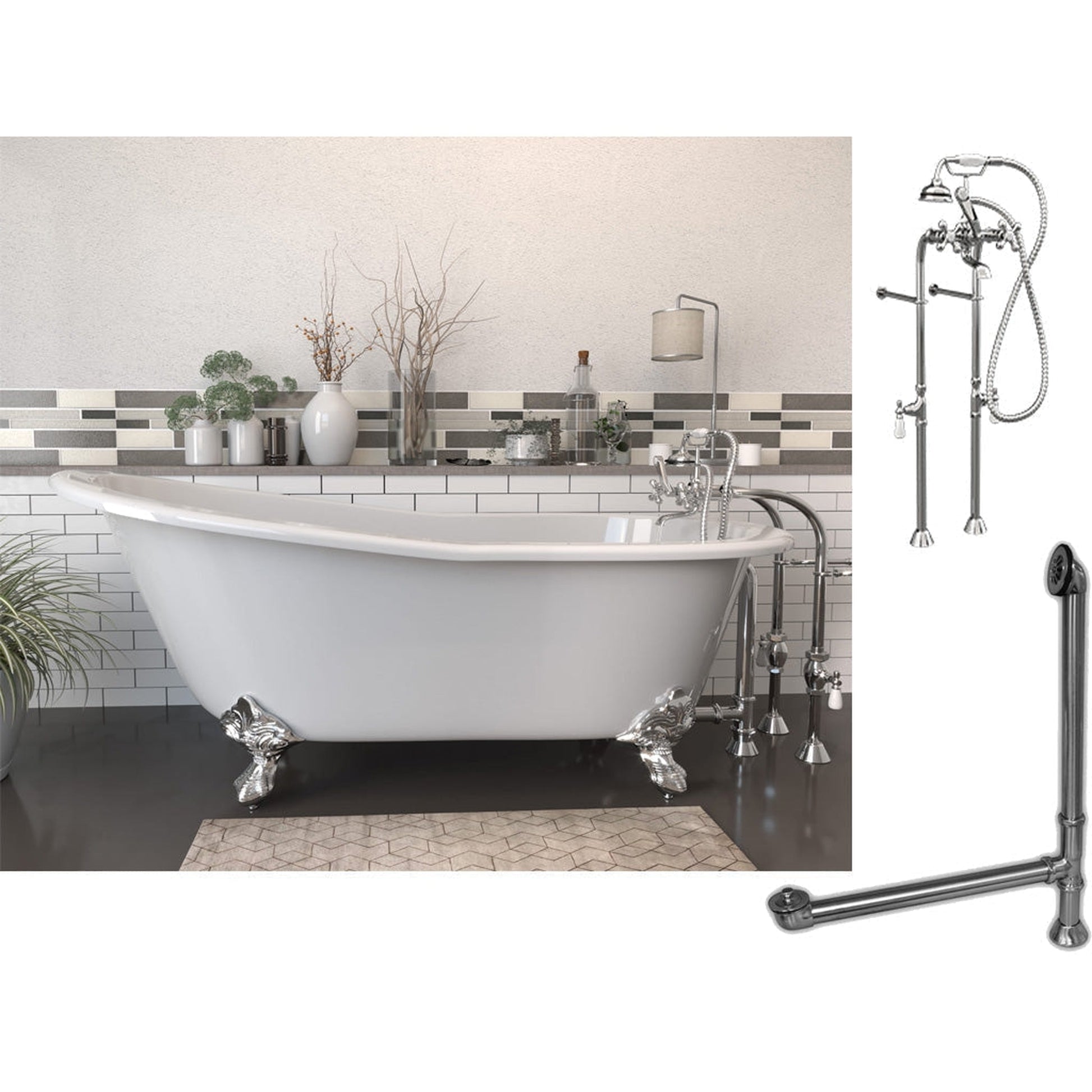 Cambridge Plumbing 61" White Cast Iron Clawfoot Bathtub With No Deck Holes And Complete Plumbing Package Including Floor Mounted British Telephone Faucet, Drain And Overflow Assembly In Polished Chrome