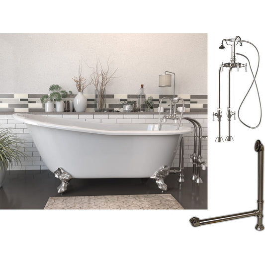 Cambridge Plumbing 61" White Cast Iron Clawfoot Bathtub With No Deck Holes And Complete Plumbing Package Including Freestanding English Telephone Gooseneck Faucet, Drain And Overflow Assembly In Brushed Nickel