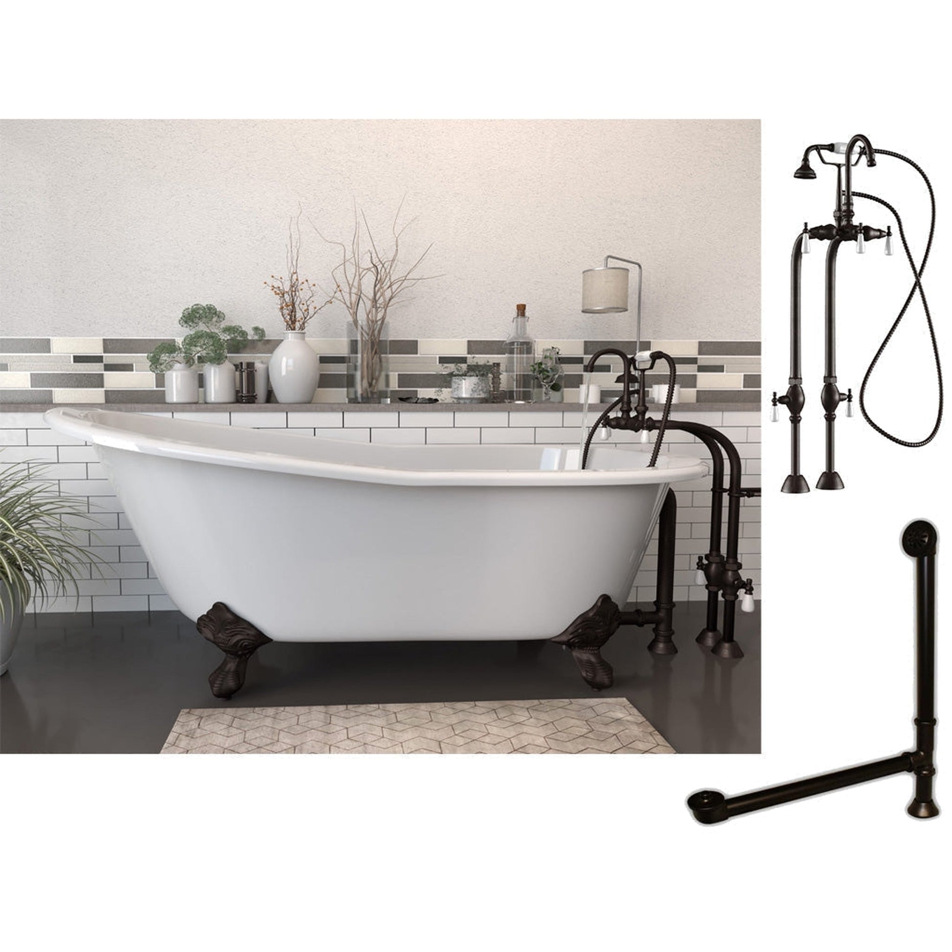 Cambridge Plumbing 61" White Cast Iron Clawfoot Bathtub With No Deck Holes And Complete Plumbing Package Including Freestanding English Telephone Gooseneck Faucet, Drain And Overflow Assembly In Oil Rubbed Bronze