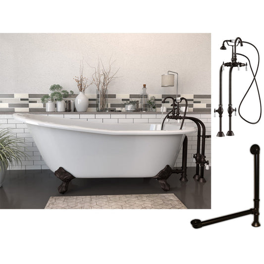 Cambridge Plumbing 61" White Cast Iron Clawfoot Bathtub With No Deck Holes And Complete Plumbing Package Including Freestanding English Telephone Gooseneck Faucet, Drain And Overflow Assembly In Oil Rubbed Bronze