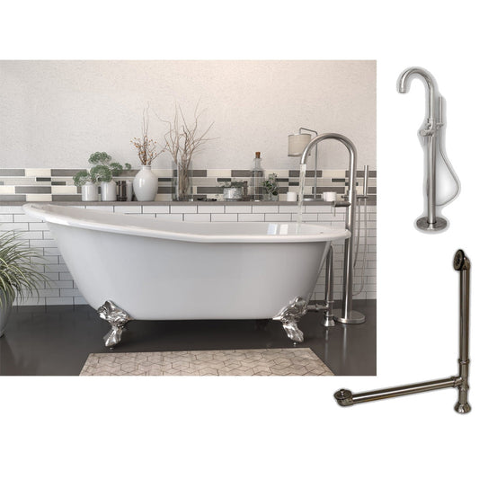 Cambridge Plumbing 61" White Cast Iron Clawfoot Bathtub With No Deck Holes And Complete Plumbing Package Including Modern Floor Mounted Faucet, Drain And Overflow Assembly In Brushed Nickel