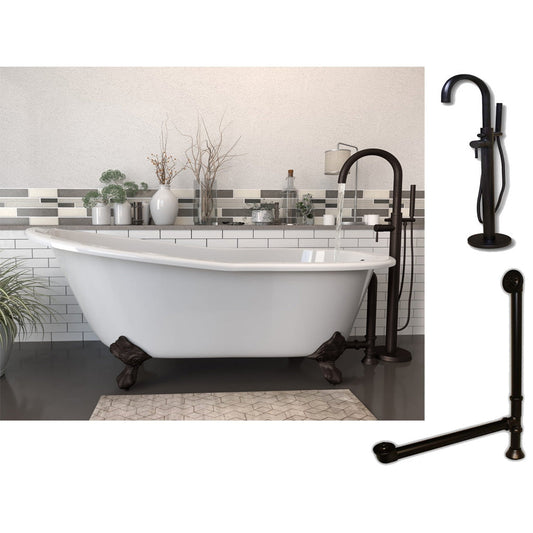 Cambridge Plumbing 61" White Cast Iron Clawfoot Bathtub With No Deck Holes And Complete Plumbing Package Including Modern Floor Mounted Faucet, Drain And Overflow Assembly In Oil Rubbed Bronze