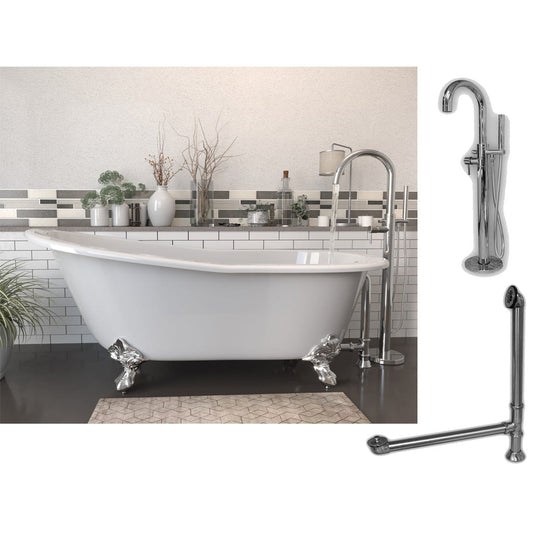 Cambridge Plumbing 61" White Cast Iron Clawfoot Bathtub With No Deck Holes And Complete Plumbing Package Including Modern Floor Mounted Faucet, Drain And Overflow Assembly In Polished Chrome