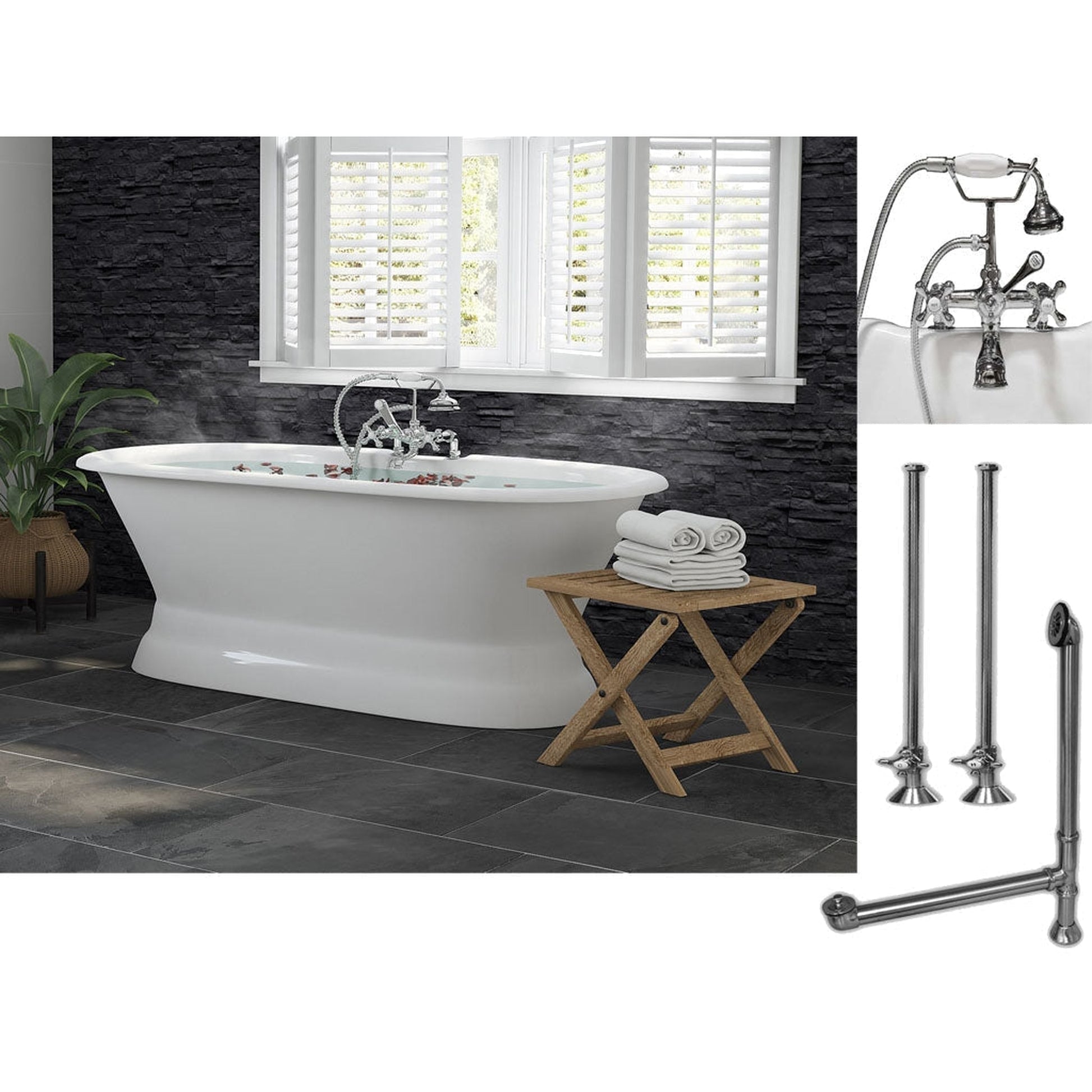 Cambridge Plumbing 66" White Cast Iron Double Ended Pedestal Bathtub With Deck Holes And Complete Plumbing Package Including 2” Riser Deck Mount Faucet, Supply Lines, Drain And Overflow Assembly In Polished Chrome