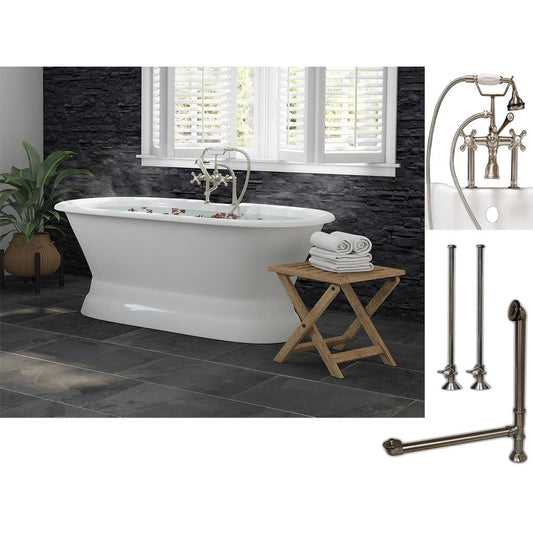 Cambridge Plumbing 66" White Cast Iron Double Ended Pedestal Bathtub With Deck Holes And Complete Plumbing Package Including 6” Riser Deck Mount Faucet, Supply Lines, Drain And Overflow Assembly In Brushed Nickel
