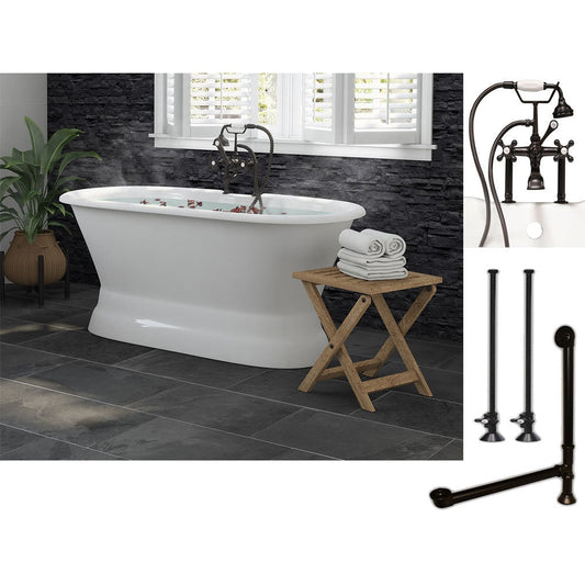 Cambridge Plumbing 66" White Cast Iron Double Ended Pedestal Bathtub With Deck Holes And Complete Plumbing Package Including 6” Riser Deck Mount Faucet, Supply Lines, Drain And Overflow Assembly In Oil Rubbed Bronze
