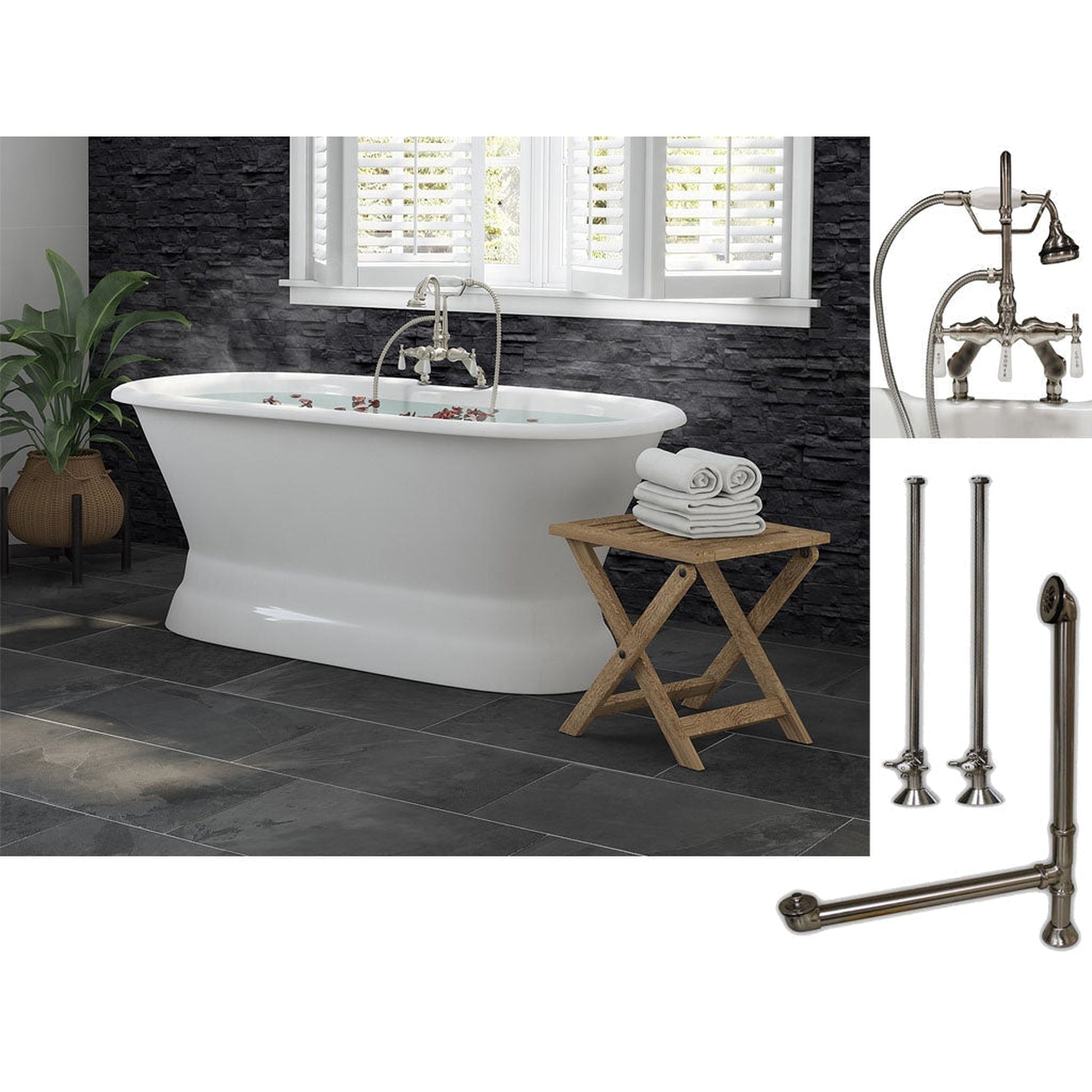 Cambridge Plumbing 66" White Cast Iron Double Ended Pedestal Bathtub With Deck Holes And Complete Plumbing Package Including Porcelain Lever English Telephone Brass Faucet, Supply Lines, Drain And Overflow Assembly In Brushed Nickel