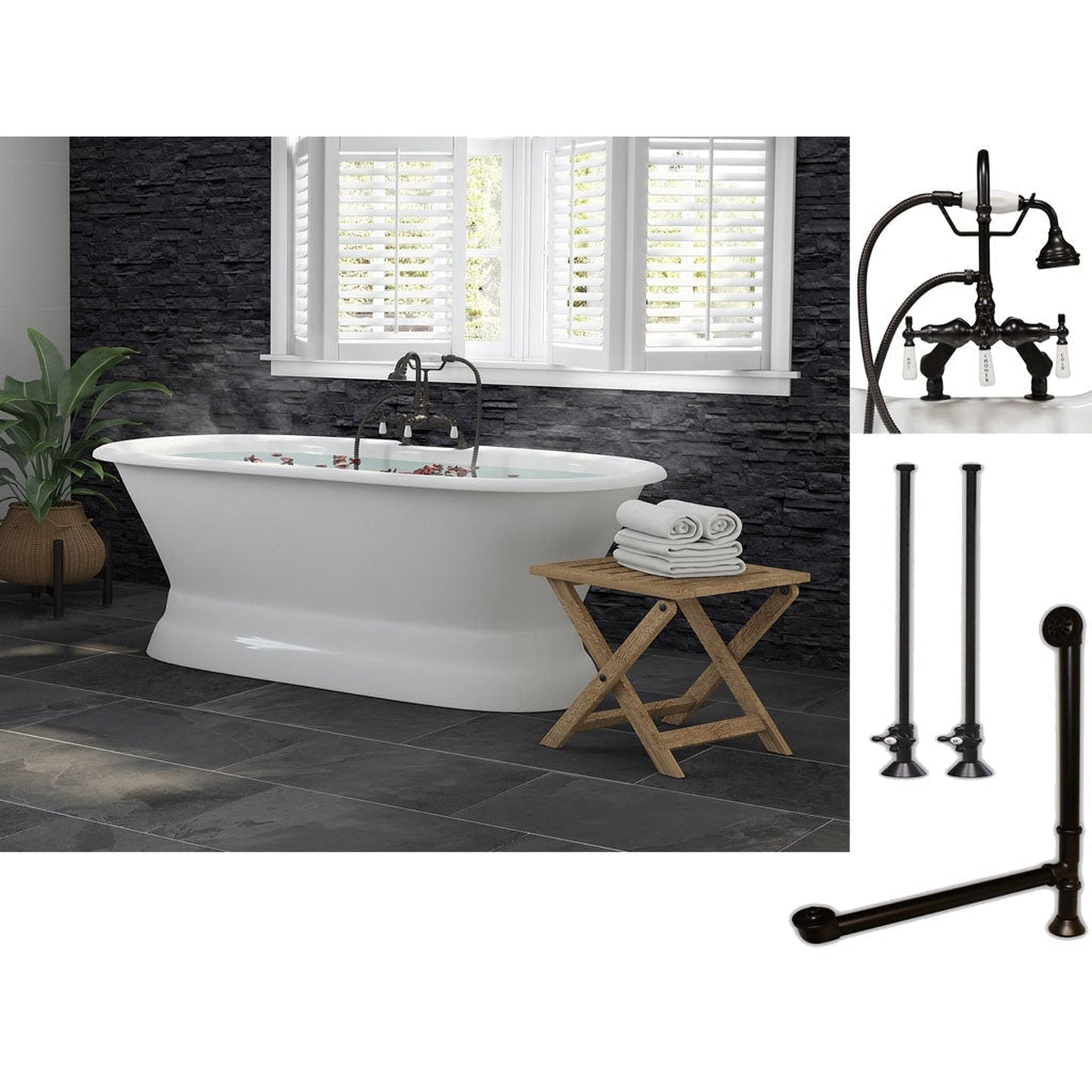 Cambridge Plumbing 66" White Cast Iron Double Ended Pedestal Bathtub With Deck Holes And Complete Plumbing Package Including Porcelain Lever English Telephone Brass Faucet, Supply Lines, Drain And Overflow Assembly In Oil Rubbed Bronze