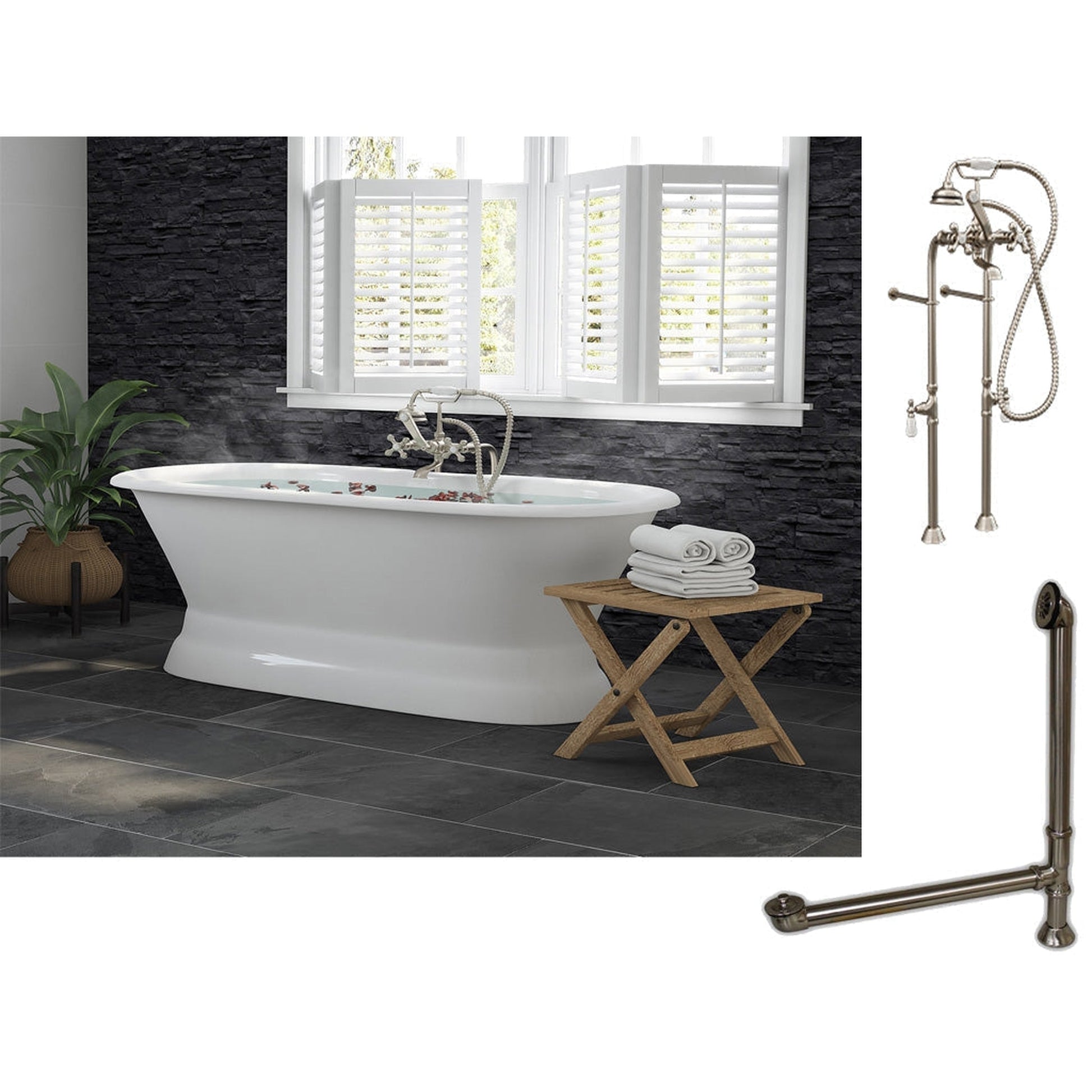 Cambridge Plumbing 66" White Cast Iron Double Ended Pedestal Bathtub With No Deck Holes And Complete Plumbing Package Including Floor Mounted British Telephone Faucet, Drain And Overflow Assembly In Brushed Nickel