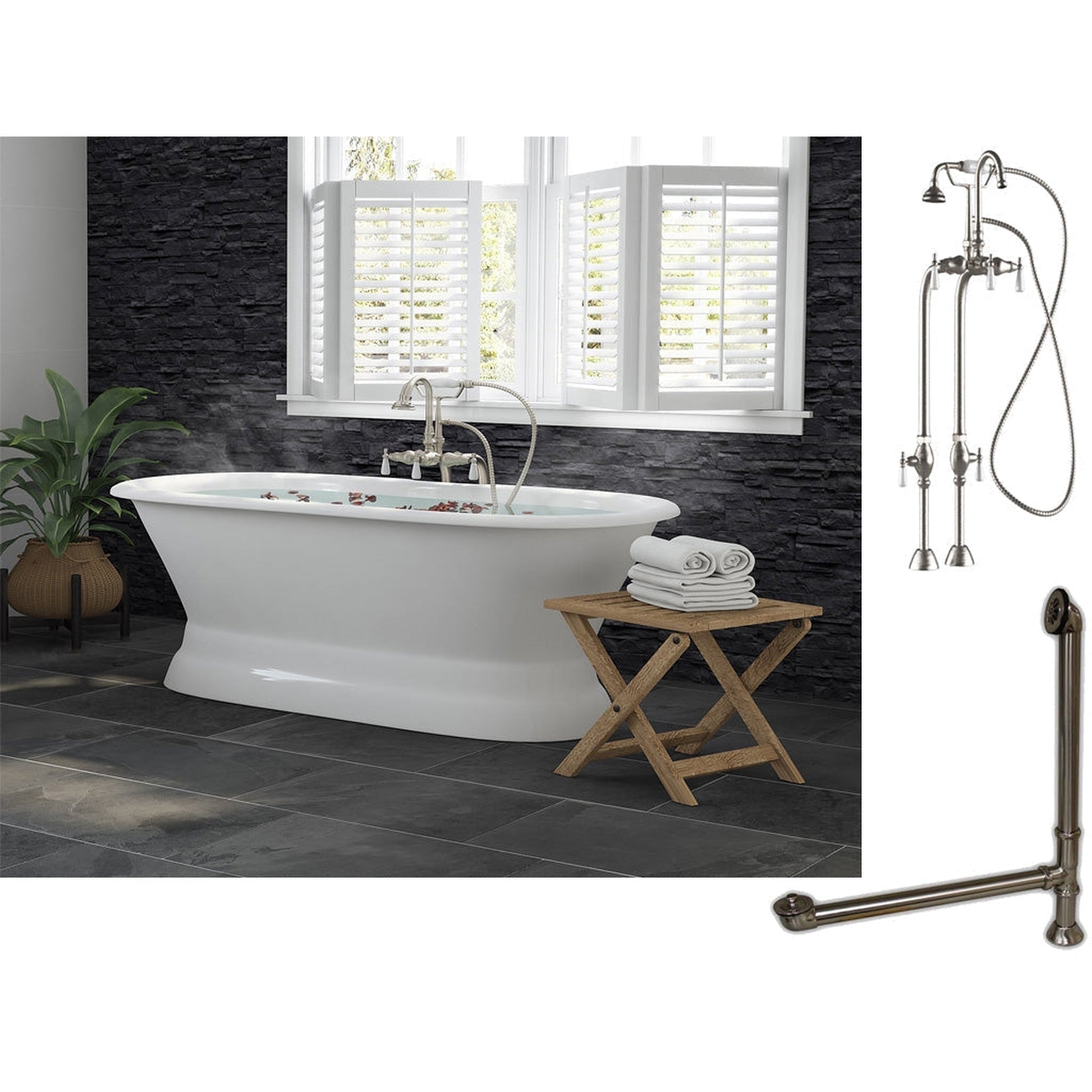 Cambridge Plumbing 66" White Cast Iron Double Ended Pedestal Bathtub With No Deck Holes And Complete Plumbing Package Including Freestanding English Telephone Gooseneck Faucet, Drain And Overflow Assembly In Brushed Nickel
