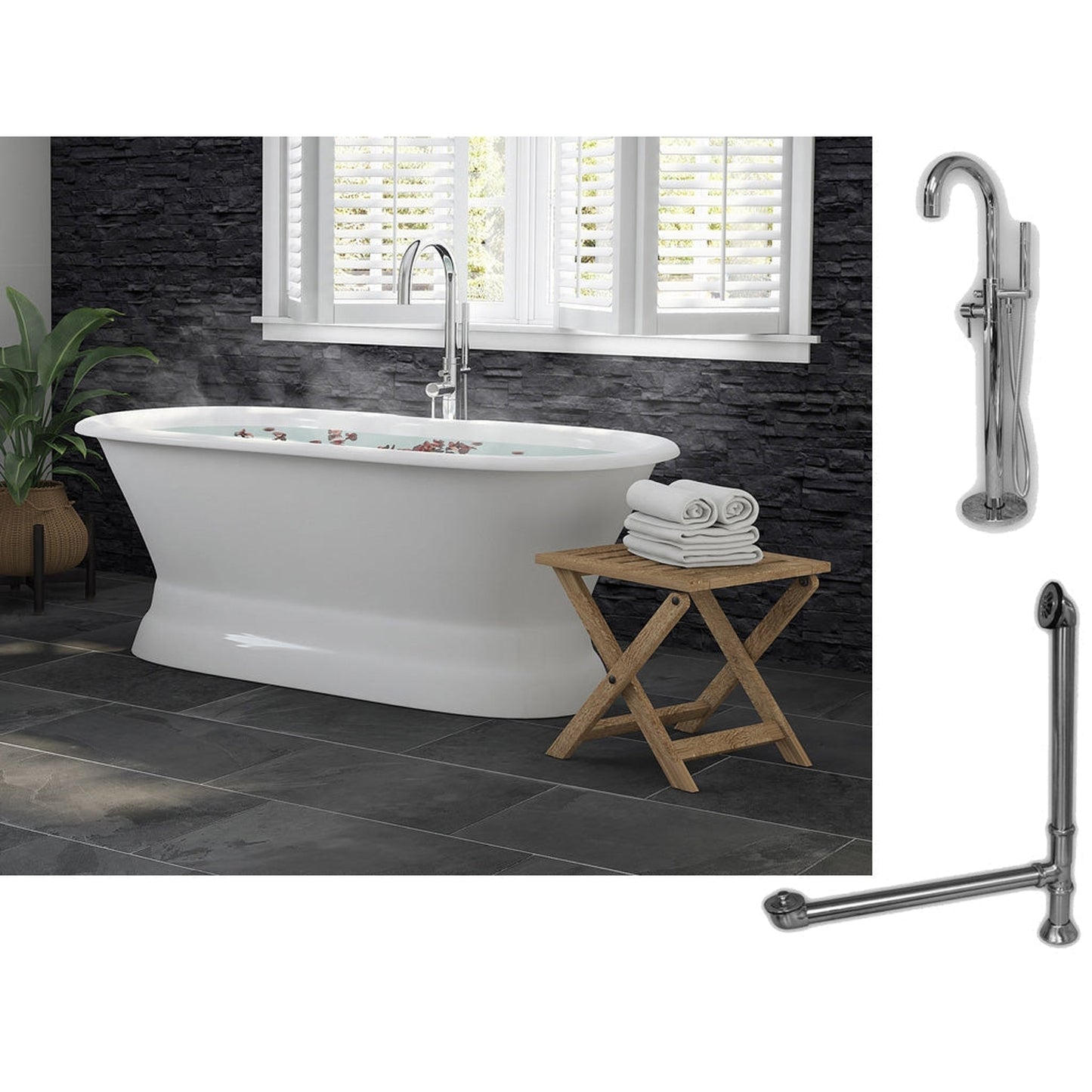 Cambridge Plumbing 66" White Cast Iron Double Ended Pedestal Bathtub With No Deck Holes And Complete Plumbing Package Including Modern Floor Mounted Faucet, Drain And Overflow Assembly In Oil Rubbed Bronze