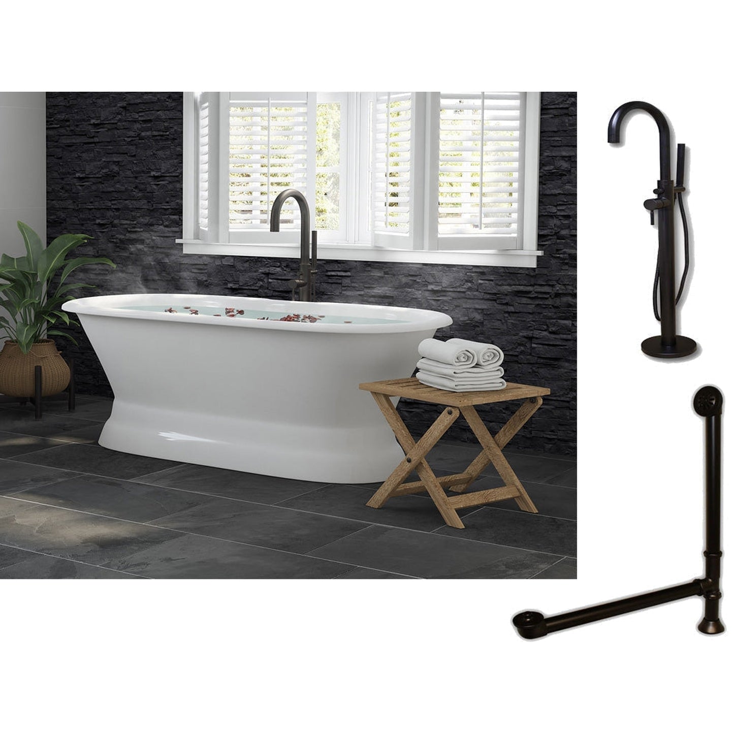 Cambridge Plumbing 66" White Cast Iron Double Ended Pedestal Bathtub With No Deck Holes And Complete Plumbing Package Including Modern Floor Mounted Faucet, Drain And Overflow Assembly In Oil Rubbed Bronze