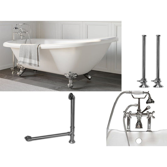 Cambridge Plumbing 67" White Acrylic Single Slipper Clawfeet Bathtub With Deck Holes And Complete Plumbing Package Including 6” Riser Deck Mount Faucet, Supply Lines, Drain And Overflow Assembly In Polished Chrome