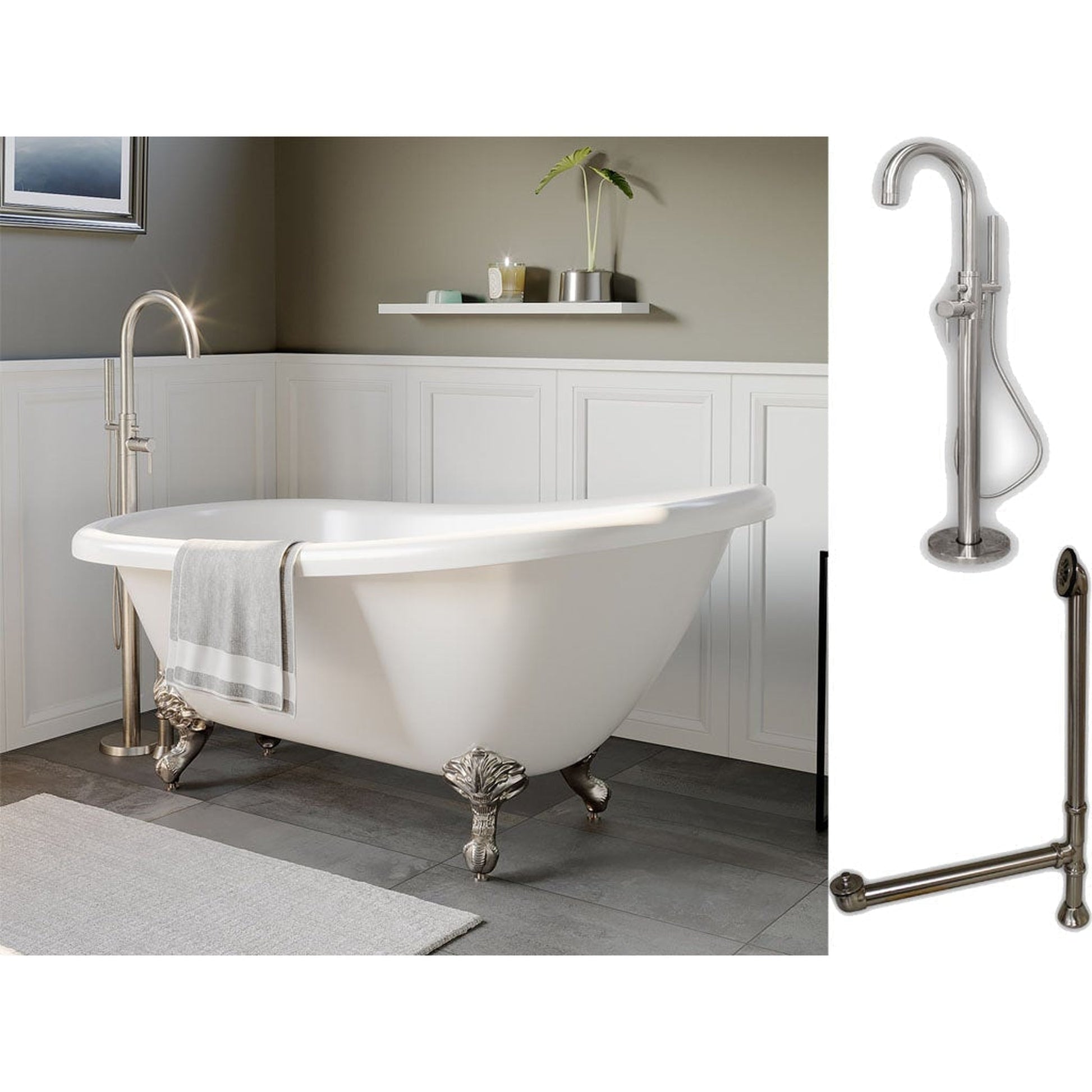 Cambridge Plumbing 67" White Acrylic Single Slipper Clawfeet Bathtub With No Deck Holes And Complete Plumbing Package Including Modern Floor Mounted Faucet, Supply Lines, Drain And Overflow Assembly In Brushed Nickel